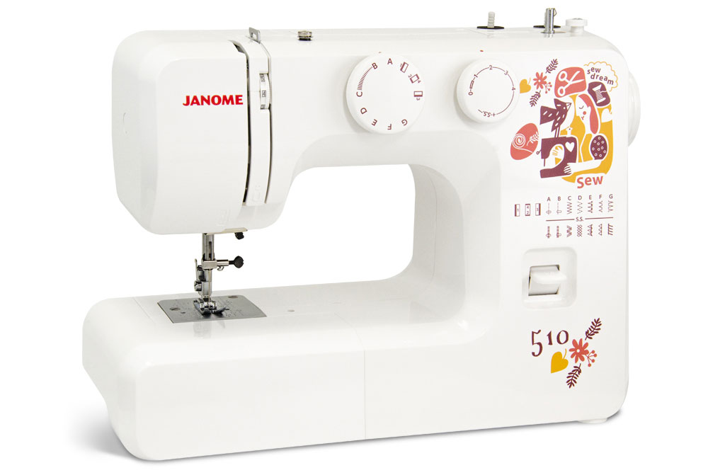 Швейные машины Janome Sew Dream 510 Швейная машина Janome Sew Dream 510 - электромеханическая швейная машина с вертикальным челноком и 15-ю швейными операциями. Набор швейных функций включает в себя: рабочие (прямая и зиг-заг), краеобметочные и элас Швейные машины Janome Sew Dream 510 Швейная машина Janome Sew Dream 510 - электромеханическая швейная машина с вертикальным челноком и 15-ю швейными операциями. Набор швейных функций включает в себя: рабочие (прямая и зиг-заг), краеобметочные и элас ИП Евдокимов И.А.